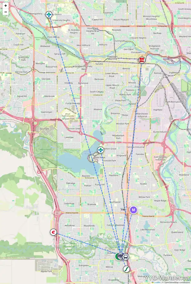 Daily accessibility map for 304 30 SHAWNEE CM SW, Calgary showing nearby schools, grocery stores, parks, LRT stations and nearby amenities