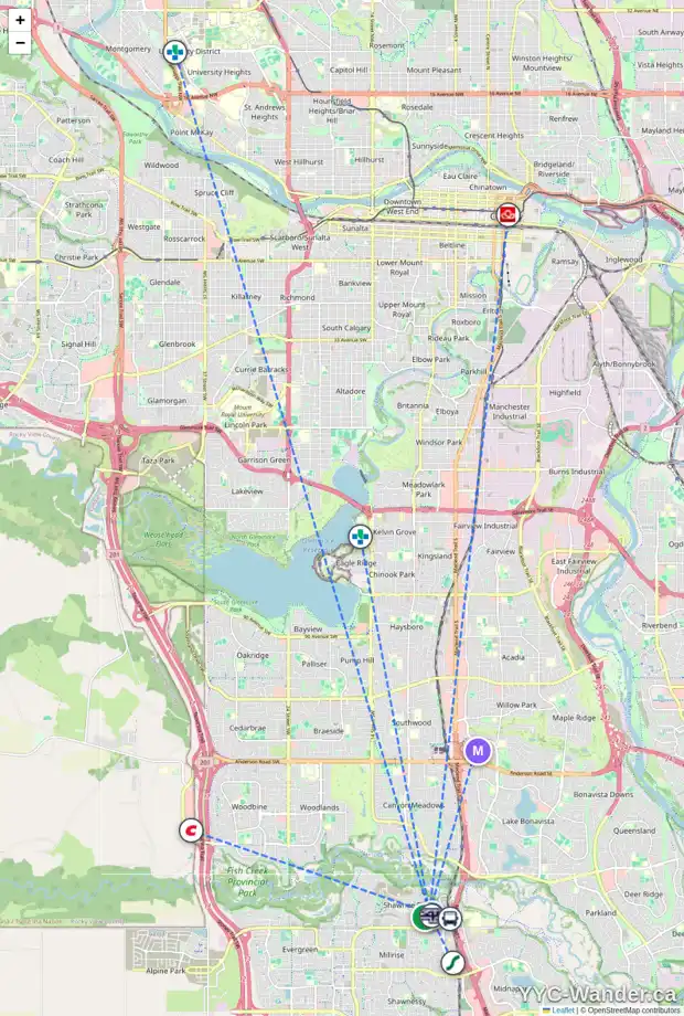 Daily accessibility map for 88 SHAWNEE CM SW, Calgary showing nearby schools, grocery stores, parks, LRT stations and nearby amenities