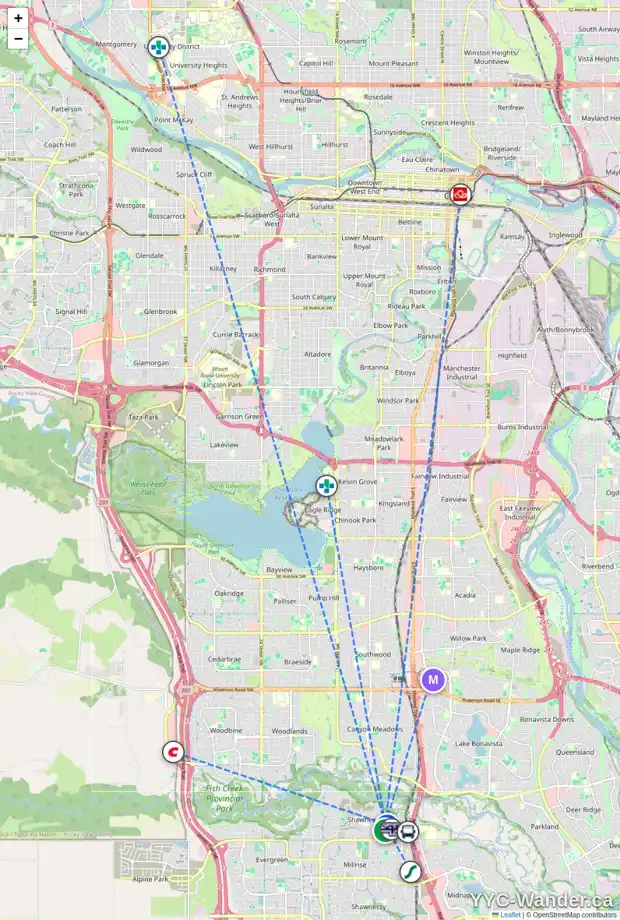 Daily accessibility map for 142 SHAWNEE CM SW, Calgary showing nearby schools, grocery stores, parks, LRT stations and nearby amenities