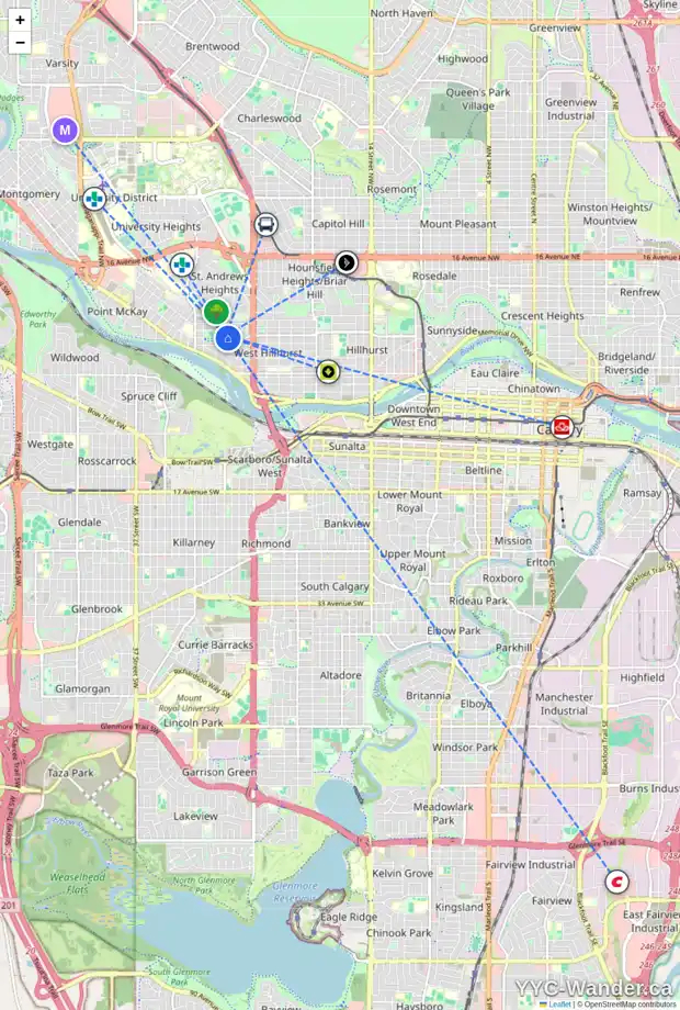 Daily accessibility map for 2706 5 AV NW, Calgary showing nearby schools, grocery stores, parks, LRT stations and nearby amenities