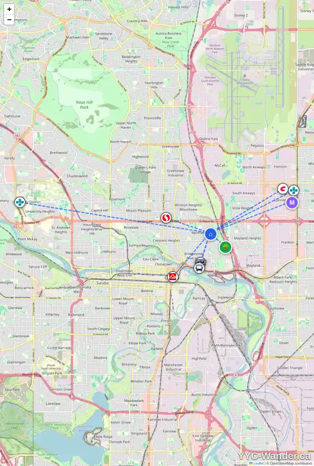 Daily accessibility map for 1208 RICHLAND RD NE, Calgary showing nearby schools, grocery stores, parks, LRT stations and nearby amenities