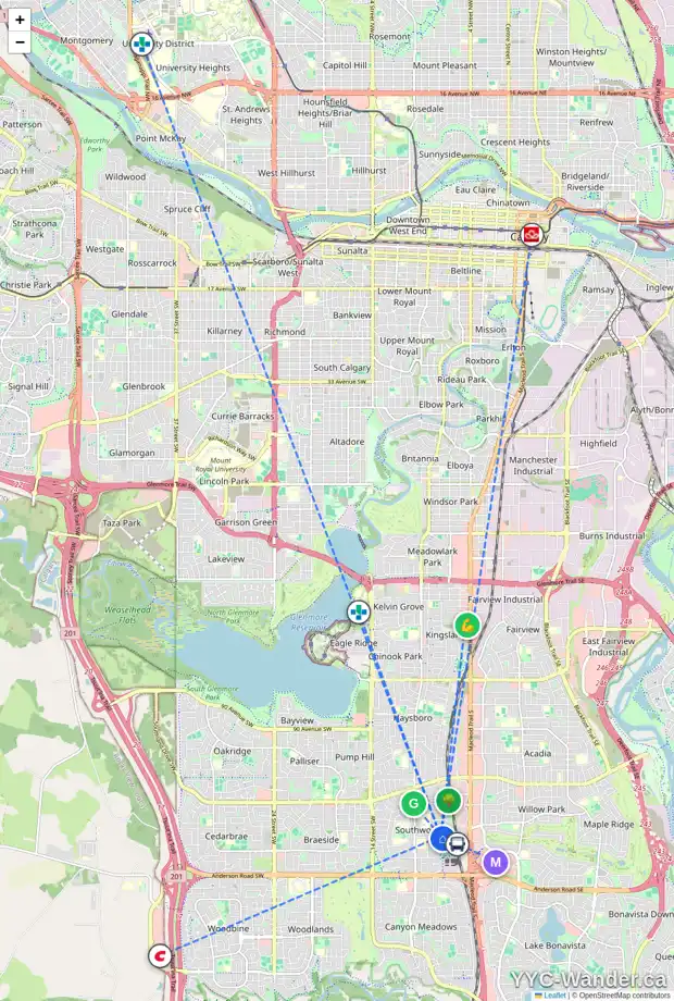 Daily accessibility map for 10814 SACRAMENTO DR SW, Calgary showing nearby schools, grocery stores, parks, LRT stations and nearby amenities