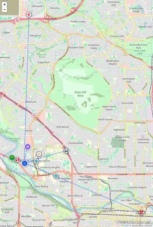 Daily accessibility map for 4703 19 AV NW, Calgary showing nearby schools, grocery stores, parks, LRT stations and nearby amenities