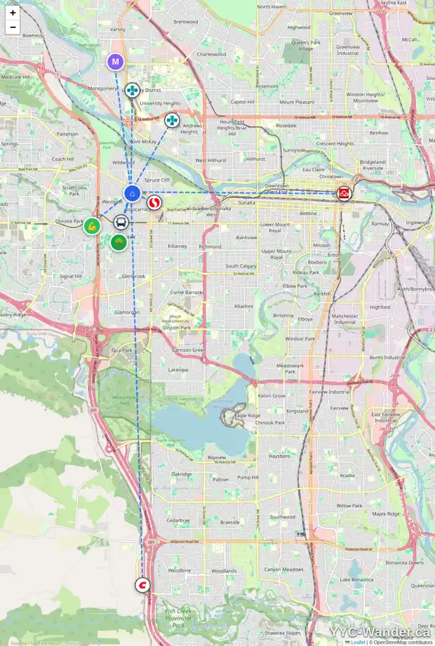 Daily accessibility map for 29 ROSSMERE RD SW, Calgary showing nearby schools, grocery stores, parks, LRT stations and nearby amenities