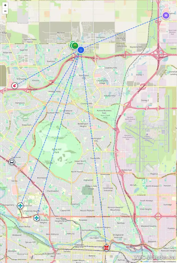 Daily accessibility map for 177 CARRINGSBY AV NW, Calgary showing nearby schools, grocery stores, parks, LRT stations and nearby amenities