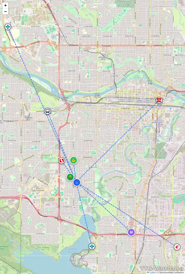 Daily accessibility map for 2022 44 AV SW, Calgary showing nearby schools, grocery stores, parks, LRT stations and nearby amenities