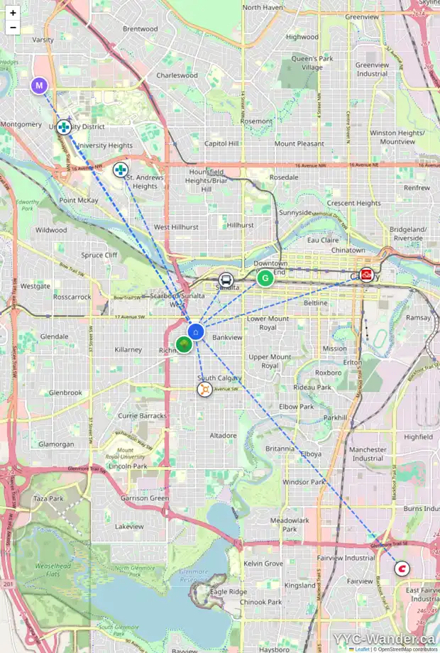 Daily accessibility map for 2113 20 AV SW, Calgary showing nearby schools, grocery stores, parks, LRT stations and nearby amenities