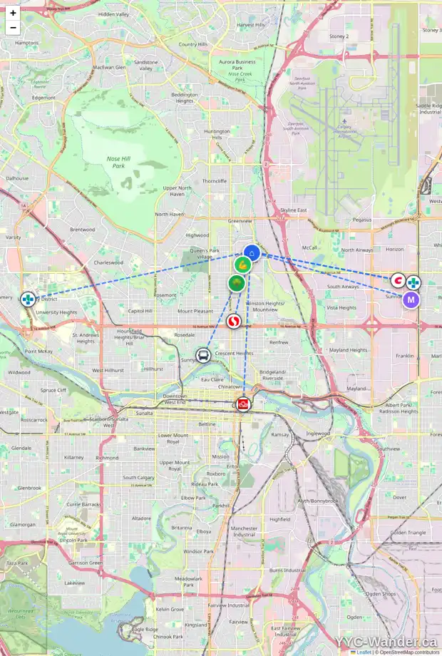 Daily accessibility map for 220 3907 3A ST NE, Calgary showing nearby schools, grocery stores, parks, LRT stations and nearby amenities