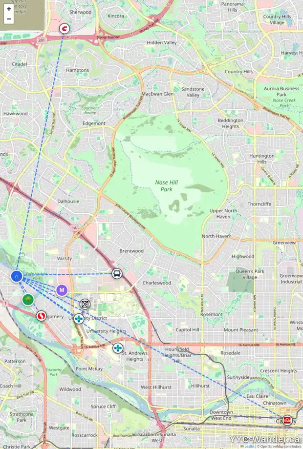 Daily accessibility map for 6310 BOW CR NW, Calgary showing nearby schools, grocery stores, parks, LRT stations and nearby amenities