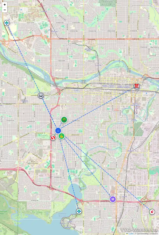 Daily accessibility map for 2224 31 AV SW, Calgary showing nearby schools, grocery stores, parks, LRT stations and nearby amenities