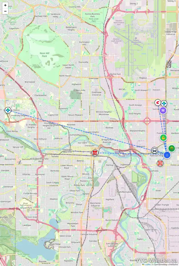 Daily accessibility map for 908 36 ST SE, Calgary showing nearby schools, grocery stores, parks, LRT stations and nearby amenities