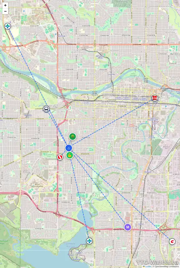 Daily accessibility map for 2135 30 AV SW, Calgary showing nearby schools, grocery stores, parks, LRT stations and nearby amenities