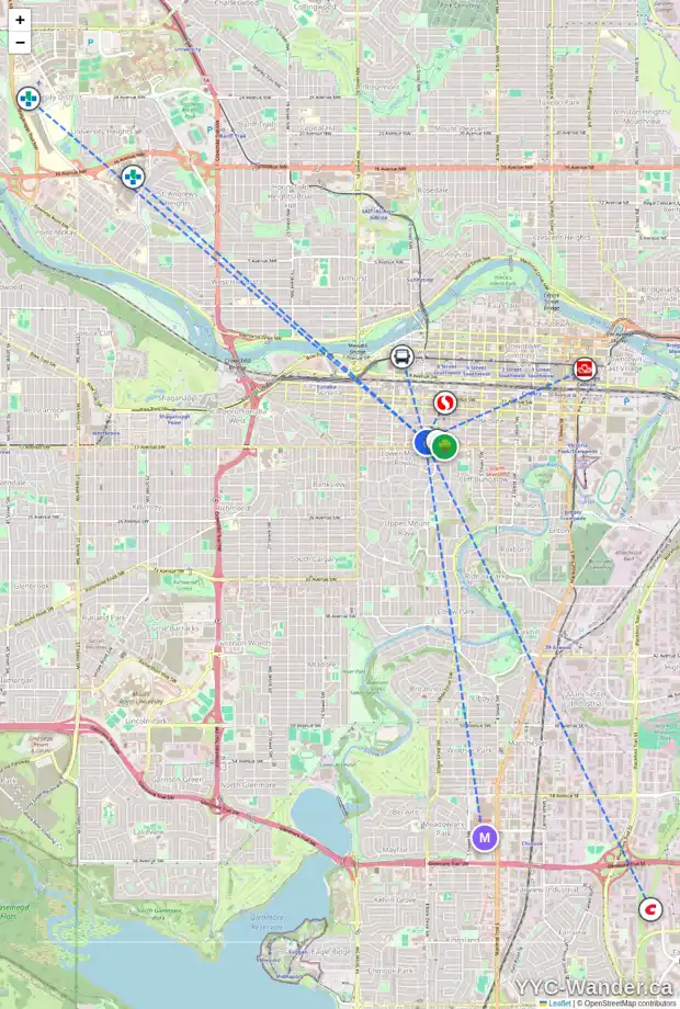 Daily accessibility map for 2104 930 16 AV SW, Calgary showing nearby schools, grocery stores, parks, LRT stations and nearby amenities