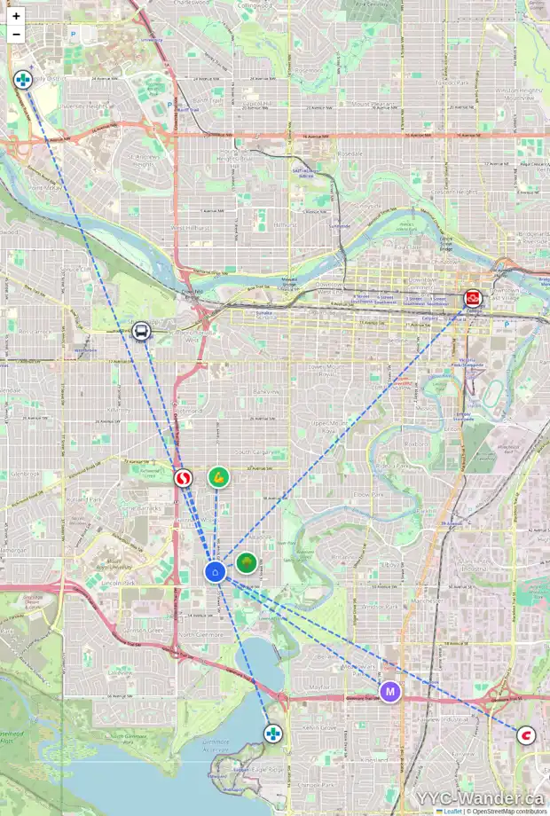 Daily accessibility map for 4910 20A ST SW, Calgary showing nearby schools, grocery stores, parks, LRT stations and nearby amenities