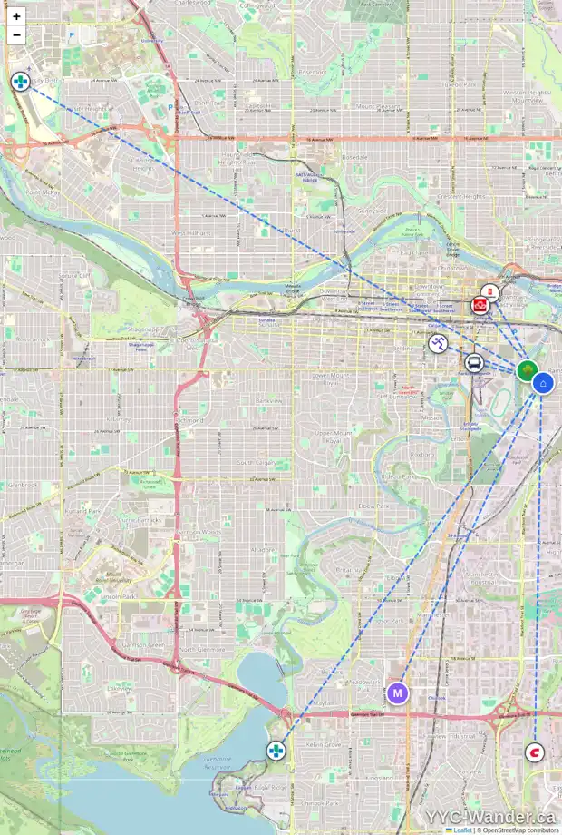 Daily accessibility map for 613 ALBERTA AV SE, Calgary showing nearby schools, grocery stores, parks, LRT stations and nearby amenities