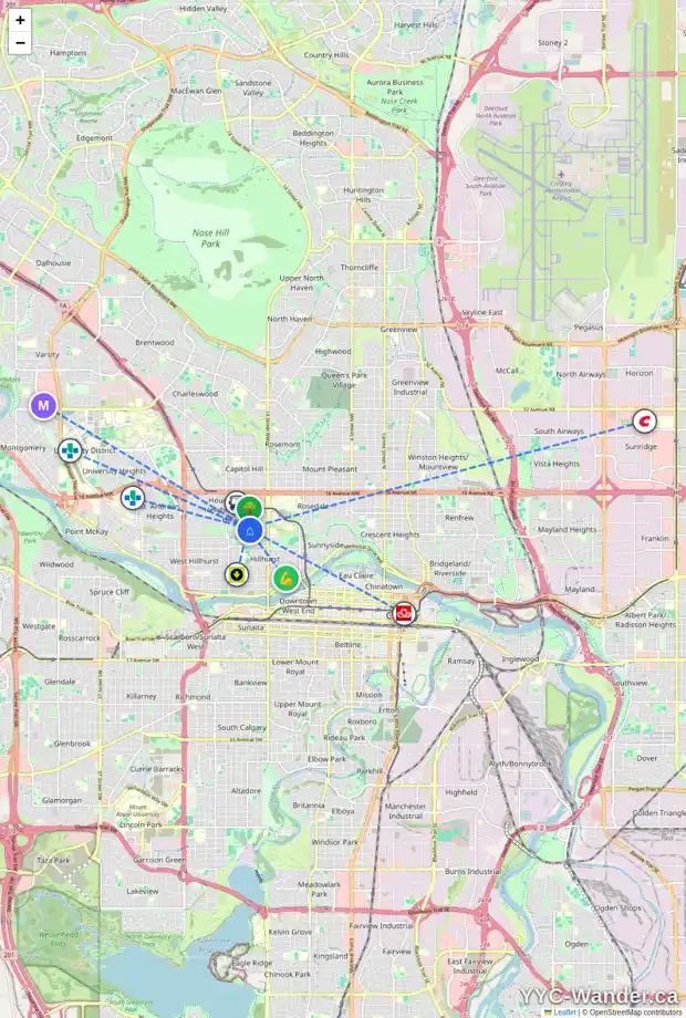 Daily accessibility map for 1012 17 ST NW, Calgary showing nearby schools, grocery stores, parks, LRT stations and nearby amenities