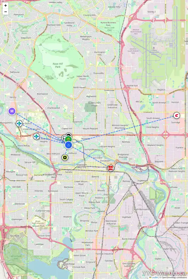 Daily accessibility map for 1016 17 ST NW, Calgary showing nearby schools, grocery stores, parks, LRT stations and nearby amenities