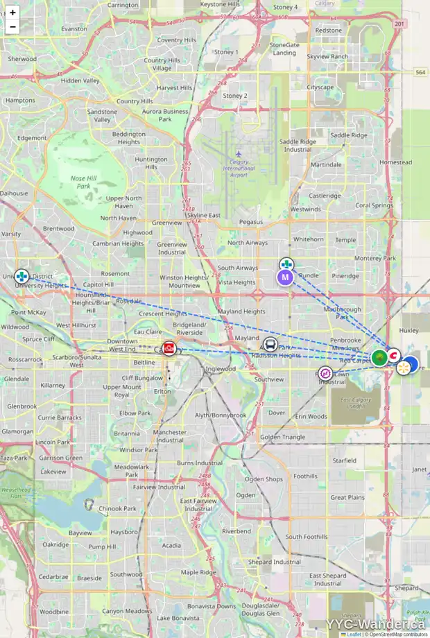 Daily accessibility map for 7 BELVEDERE AV SE, Calgary showing nearby schools, grocery stores, parks, LRT stations and nearby amenities