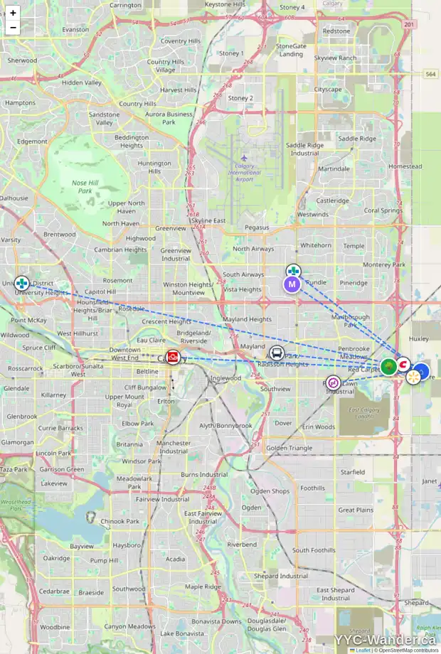 Daily accessibility map for 58 BELVEDERE AV SE, Calgary showing nearby schools, grocery stores, parks, LRT stations and nearby amenities