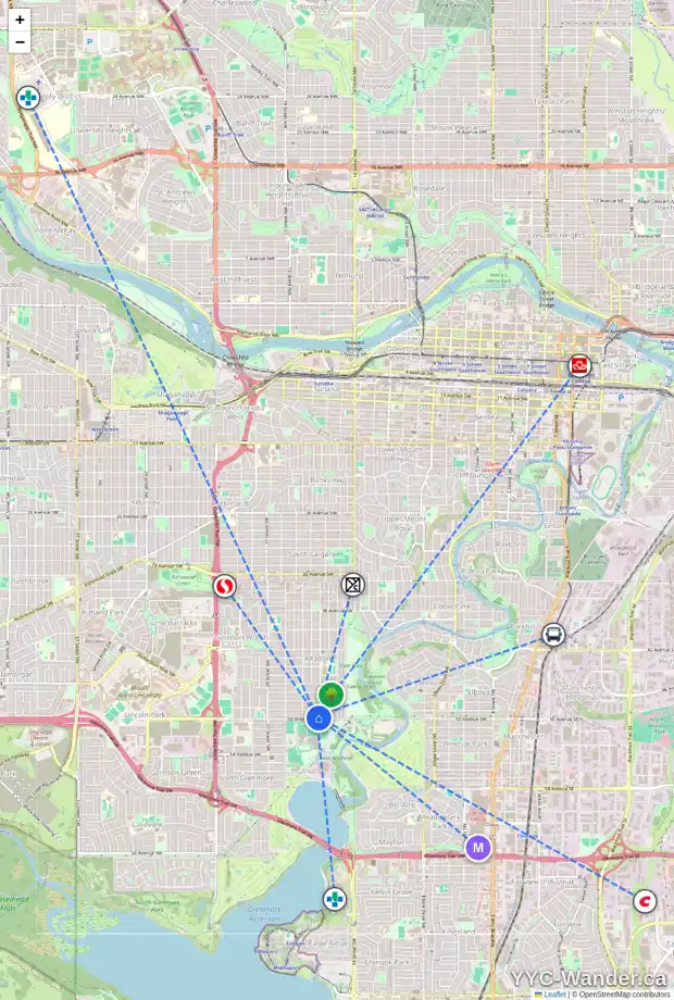 Daily accessibility map for 1710 50 AV SW, Calgary showing nearby schools, grocery stores, parks, LRT stations and nearby amenities
