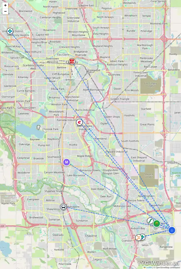 Daily accessibility map for 108 MAGNOLIA GV SE, Calgary showing nearby schools, grocery stores, parks, LRT stations and nearby amenities