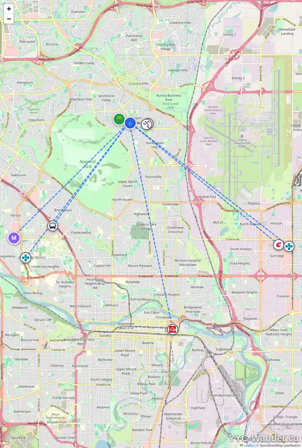 Daily accessibility map for 100 BERKLEY WY NW, Calgary showing nearby schools, grocery stores, parks, LRT stations and nearby amenities