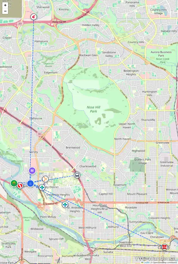 Daily accessibility map for 4811 22 AV NW, Calgary showing nearby schools, grocery stores, parks, LRT stations and nearby amenities
