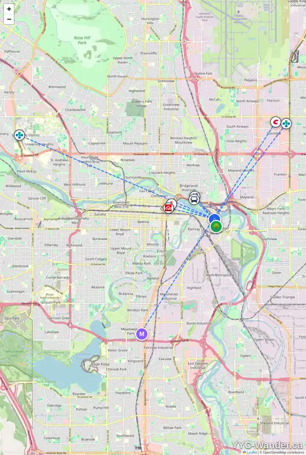 Daily accessibility map for 24 NEW ST SE, Calgary showing nearby schools, grocery stores, parks, LRT stations and nearby amenities