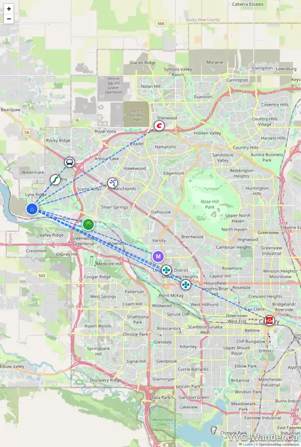 Daily accessibility map for 15 ROCHESTER VW NW, Calgary showing nearby schools, grocery stores, parks, LRT stations and nearby amenities