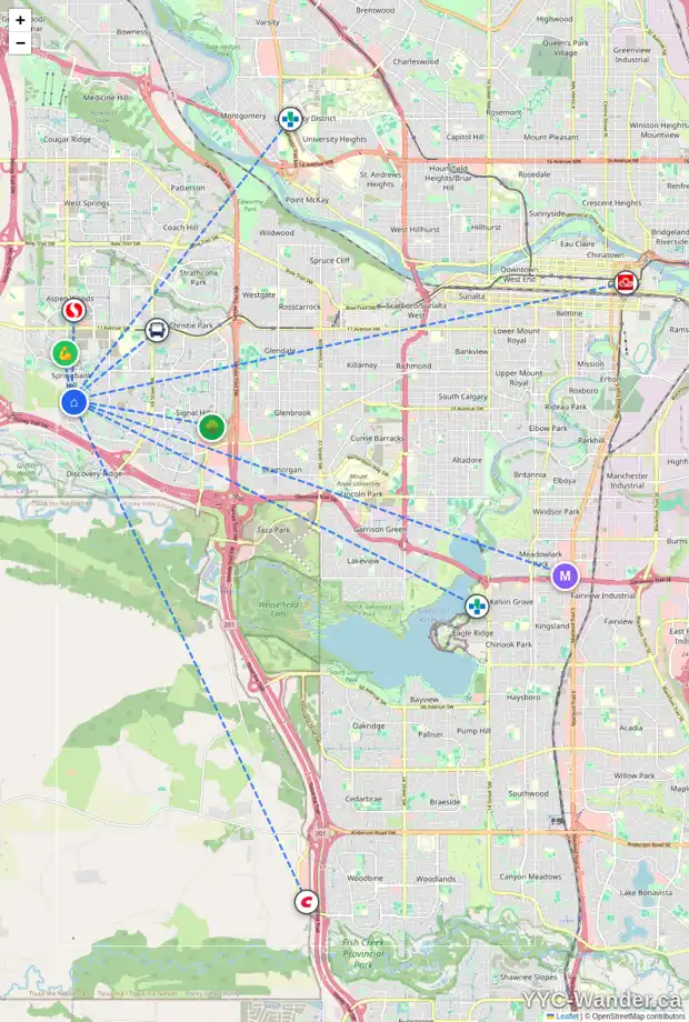 Daily accessibility map for 32 TIMBERLINE WY SW, Calgary showing nearby schools, grocery stores, parks, LRT stations and nearby amenities