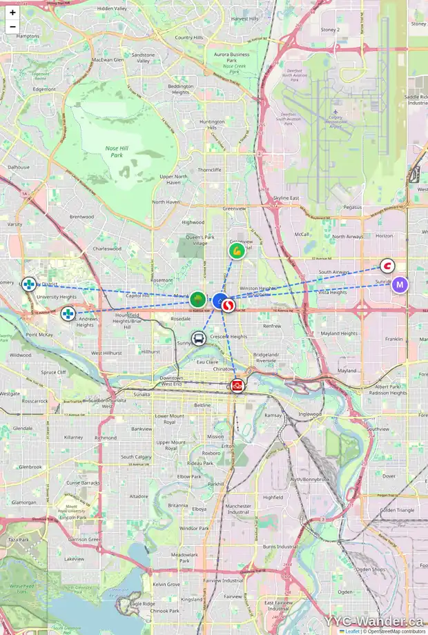 Daily accessibility map for 218 19 AV NW, Calgary showing nearby schools, grocery stores, parks, LRT stations and nearby amenities
