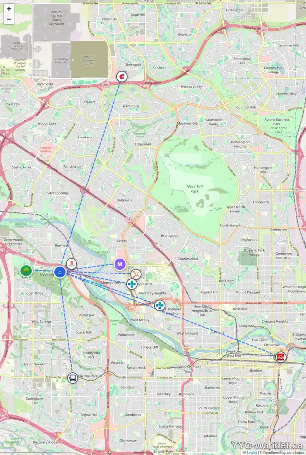 Daily accessibility map for 801 NA'A DR SW, Calgary showing nearby schools, grocery stores, parks, LRT stations and nearby amenities