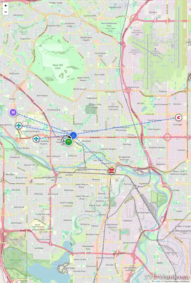 Daily accessibility map for 1517 18 AV NW, Calgary showing nearby schools, grocery stores, parks, LRT stations and nearby amenities
