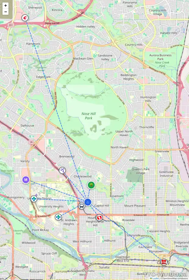 Daily accessibility map for 2220 23 AV NW, Calgary showing nearby schools, grocery stores, parks, LRT stations and nearby amenities