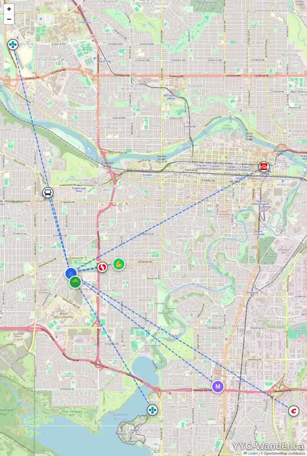 Daily accessibility map for 422 BESSBOROUGH DR SW, Calgary showing nearby schools, grocery stores, parks, LRT stations and nearby amenities