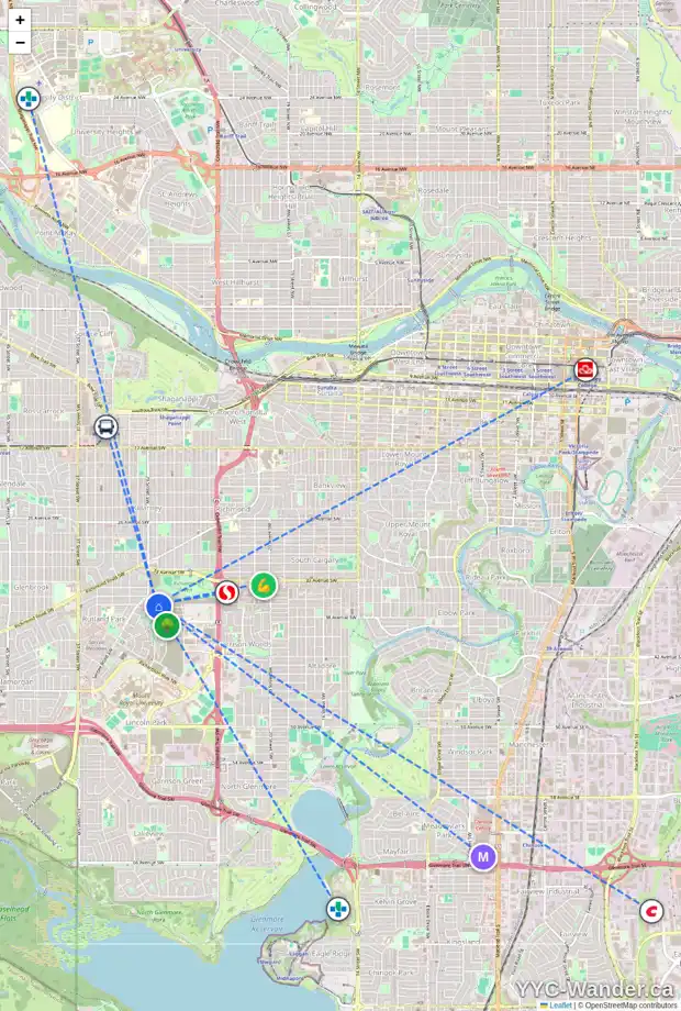 Daily accessibility map for 418 BESSBOROUGH DR SW, Calgary showing nearby schools, grocery stores, parks, LRT stations and nearby amenities