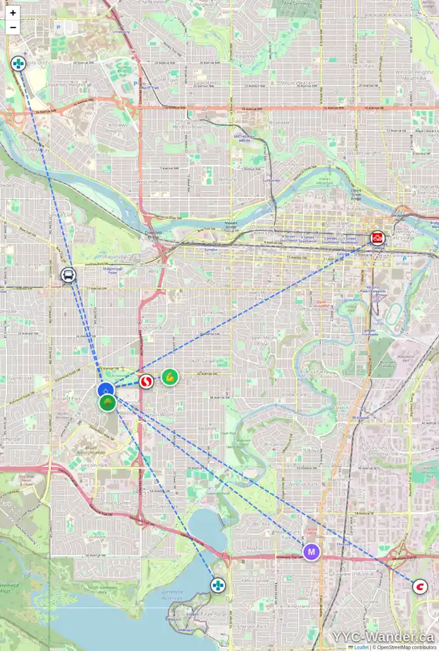 Daily accessibility map for 402 BESSBOROUGH DR SW, Calgary showing nearby schools, grocery stores, parks, LRT stations and nearby amenities