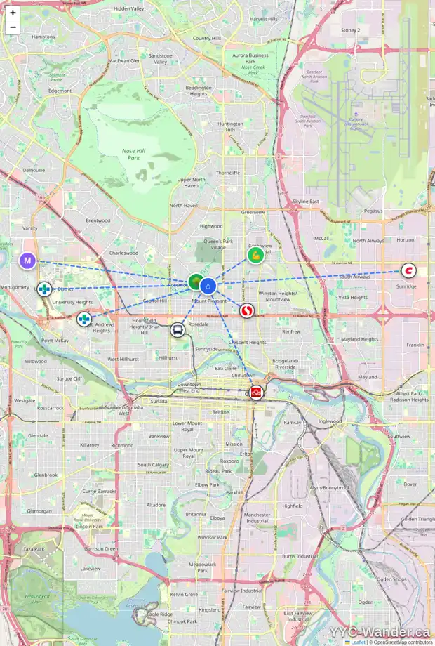 Daily accessibility map for 722 25 AV NW, Calgary showing nearby schools, grocery stores, parks, LRT stations and nearby amenities