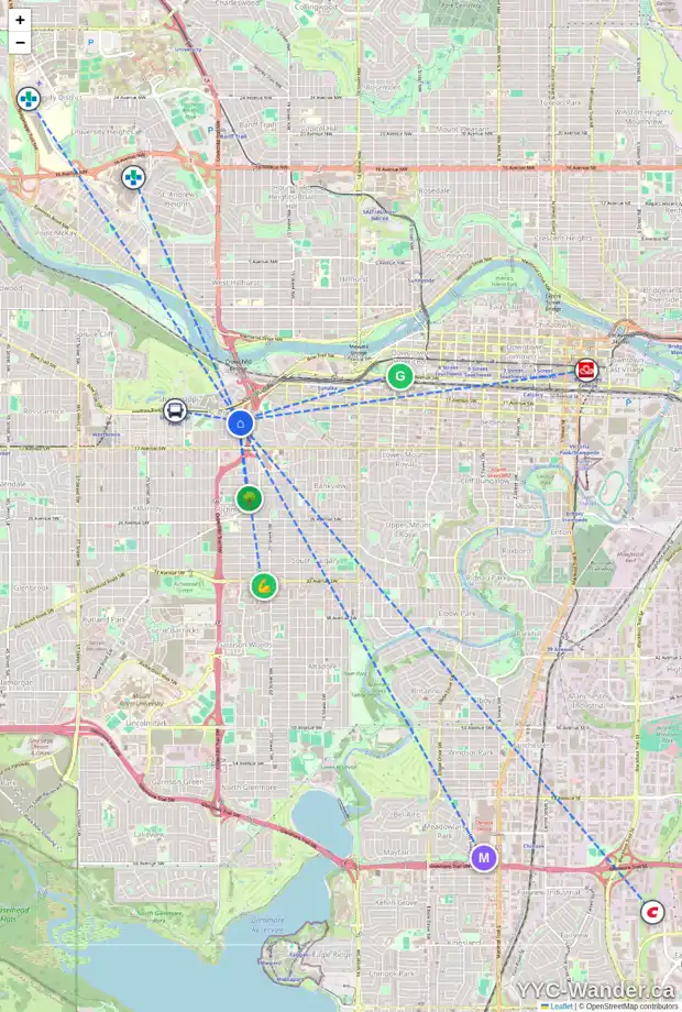 Daily accessibility map for 1419 22 ST SW, Calgary showing nearby schools, grocery stores, parks, LRT stations and nearby amenities