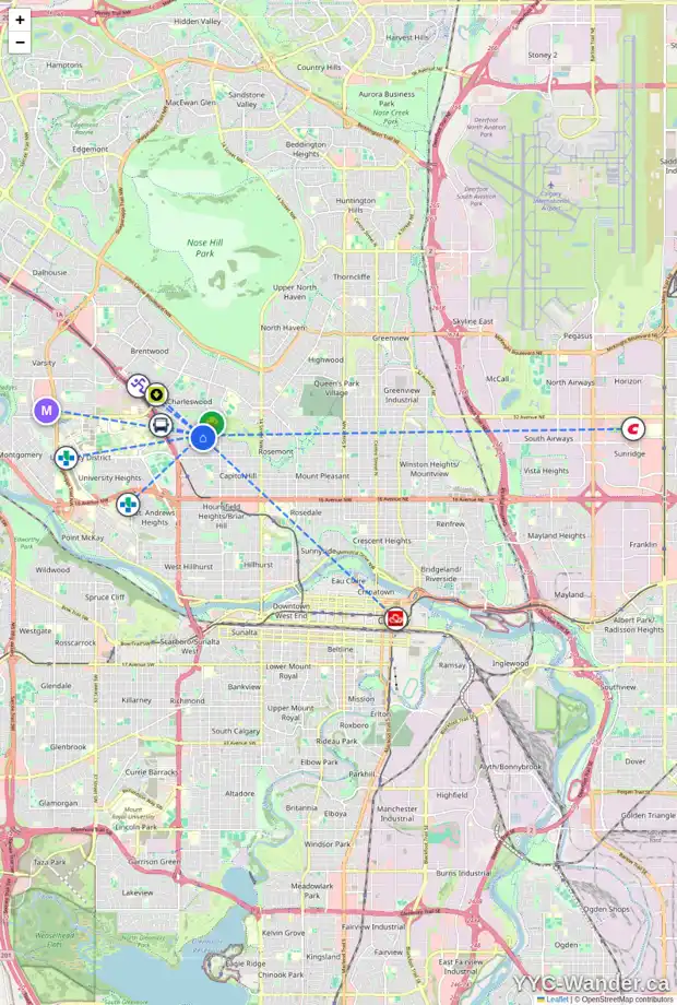 Daily accessibility map for 2739 COCHRANE RD NW, Calgary showing nearby schools, grocery stores, parks, LRT stations and nearby amenities