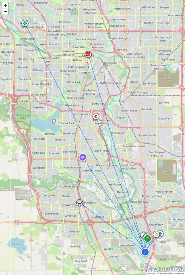 Daily accessibility map for 708 CRANBROOK WK SE, Calgary showing nearby schools, grocery stores, parks, LRT stations and nearby amenities