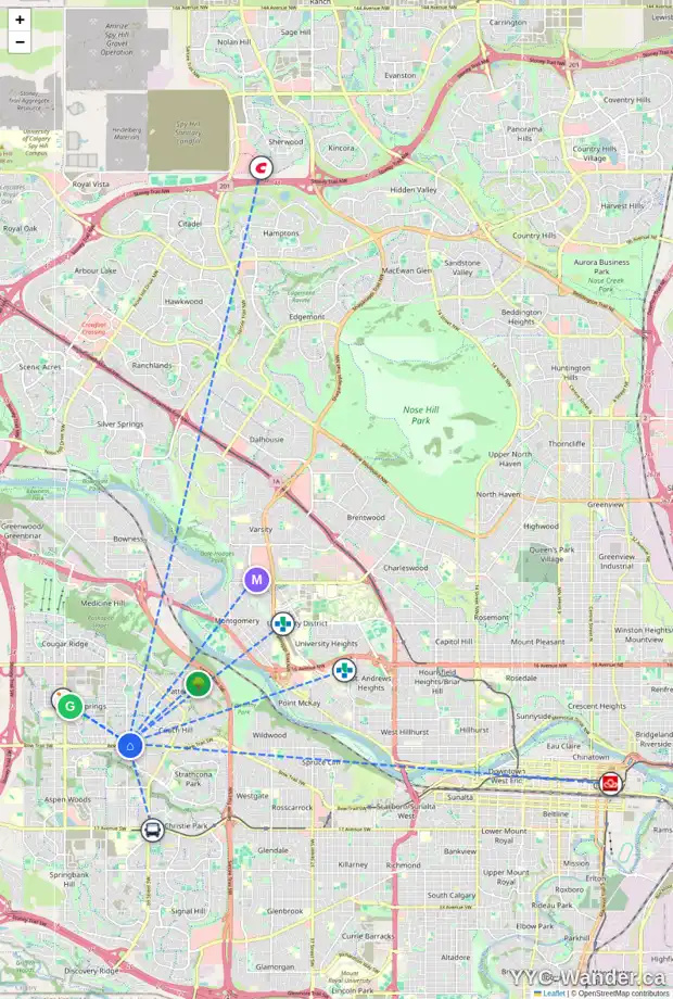 Daily accessibility map for 214 WEST GROVE LN SW, Calgary showing nearby schools, grocery stores, parks, LRT stations and nearby amenities