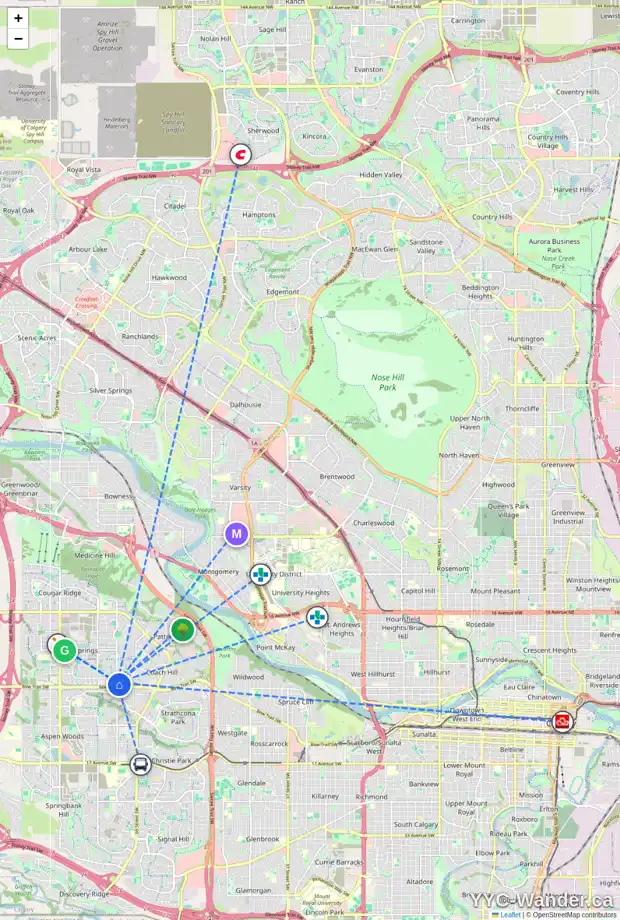 Daily accessibility map for 221 WEST GROVE LN SW, Calgary showing nearby schools, grocery stores, parks, LRT stations and nearby amenities