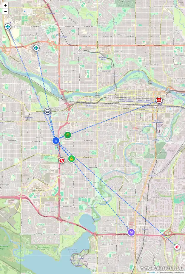 Daily accessibility map for 2626 25 ST SW, Calgary showing nearby schools, grocery stores, parks, LRT stations and nearby amenities