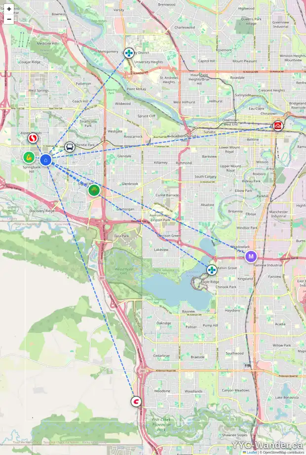 Daily accessibility map for 197 SPRING WILLOW ST SW, Calgary showing nearby schools, grocery stores, parks, LRT stations and nearby amenities