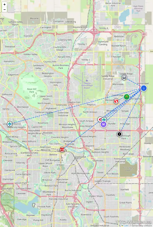 Daily accessibility map for 27 HOMESTEAD CL NE, Calgary showing nearby schools, grocery stores, parks, LRT stations and nearby amenities