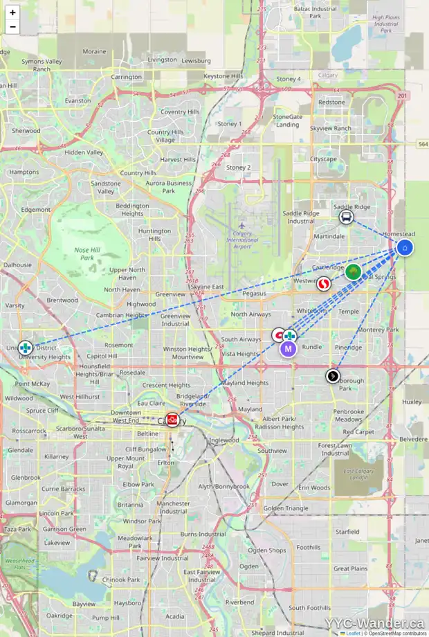 Daily accessibility map for 108 HOMESTEAD CL NE, Calgary showing nearby schools, grocery stores, parks, LRT stations and nearby amenities