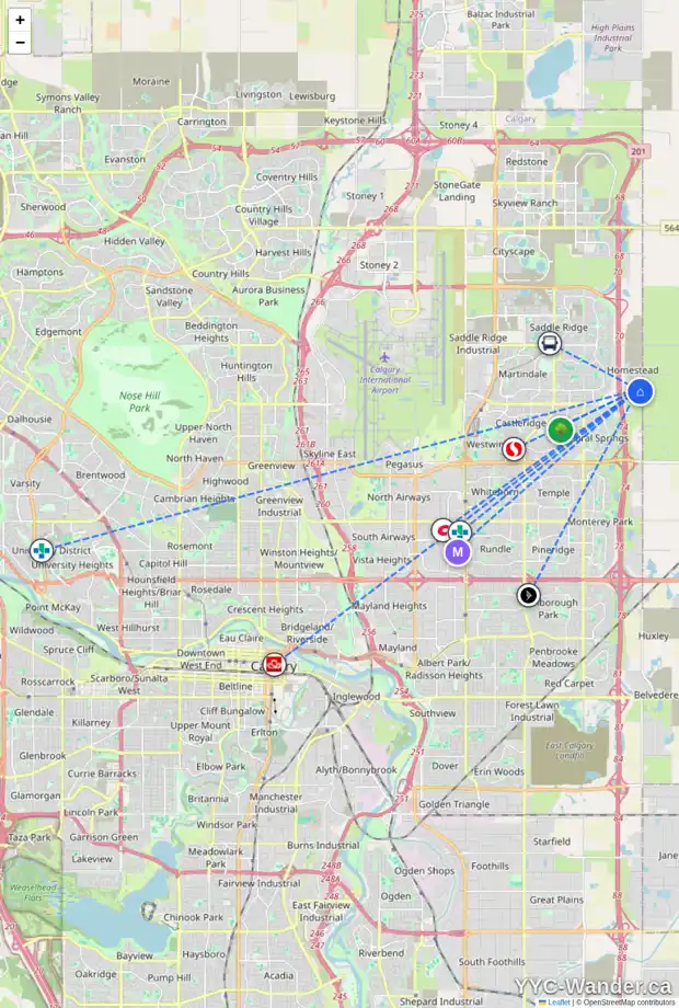 Daily accessibility map for 84 HOMESTEAD CL NE, Calgary showing nearby schools, grocery stores, parks, LRT stations and nearby amenities