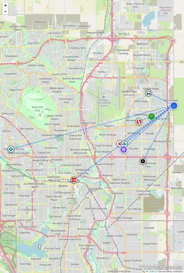 Daily accessibility map for 9 HOMESTEAD BV NE, Calgary showing nearby schools, grocery stores, parks, LRT stations and nearby amenities