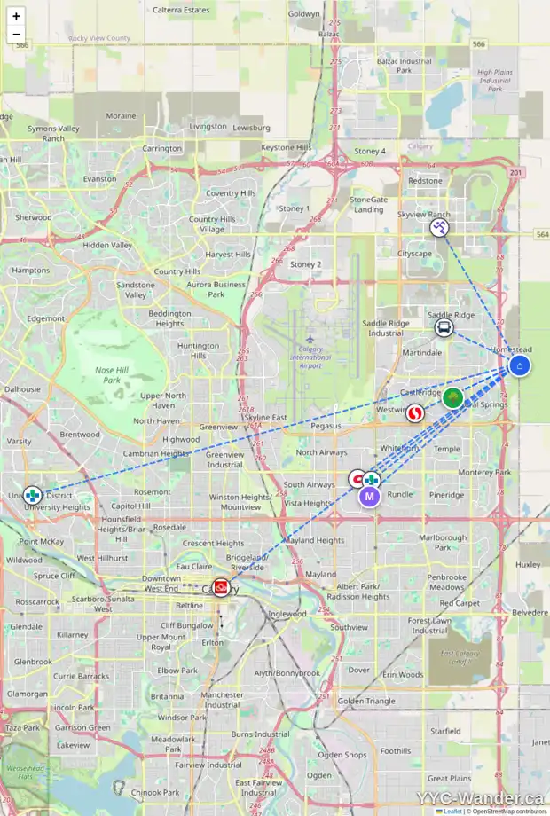 Daily accessibility map for 13 HOMESTEAD BV NE, Calgary showing nearby schools, grocery stores, parks, LRT stations and nearby amenities